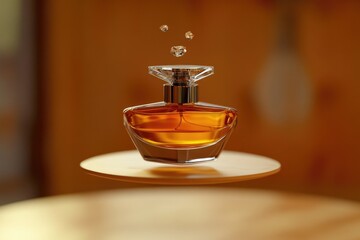 A perfume bottle sits on a table