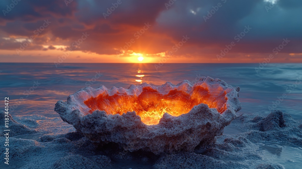 Poster the sun sets over the calm ocean with a large clam visible on the surface, great for use in beach or