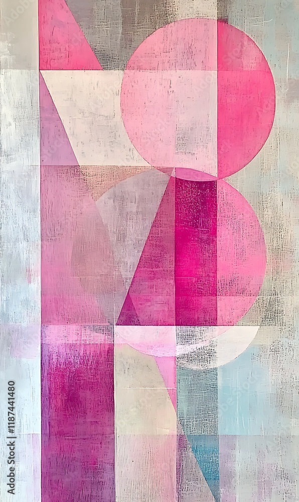 Aufkleber sharp diagonal lines slice through floating circles and geometric shapes in hot pink and soft blue, 