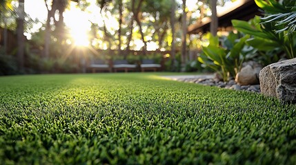 Lush green artificial turf in a sunny garden.