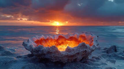 The sun sets over the calm ocean with a large clam visible on the surface, great for use in beach or coastal themed designs