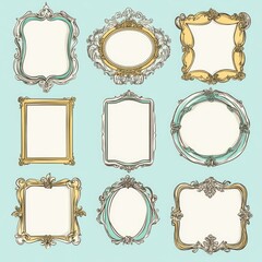 A collection of intricate gold frames against a calming blue background, ideal for design or editorial use