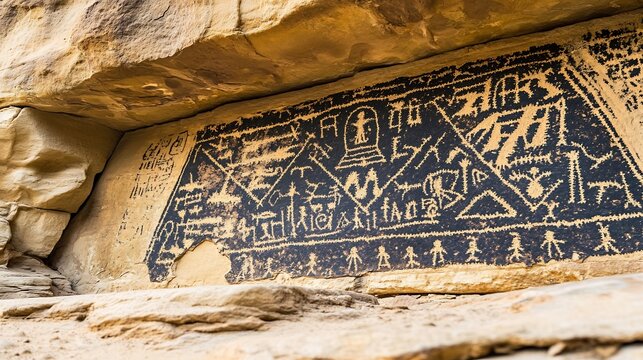 Closeup of petroglyph carved into ancient stone walls inscriptions sacred symbols