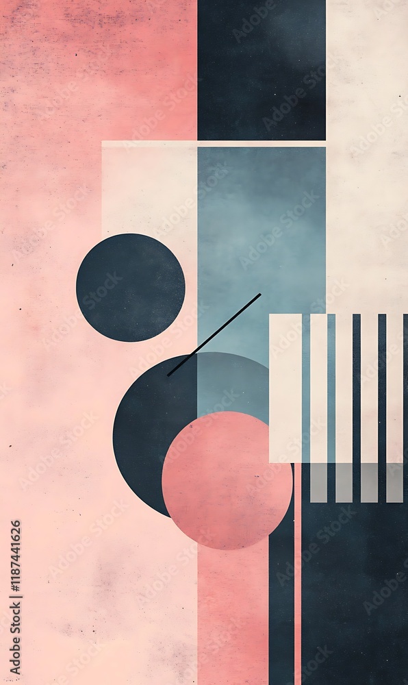 Poster the backdrop features geometric shapes, floating circles in pink and blue, with sharp diagonal lines