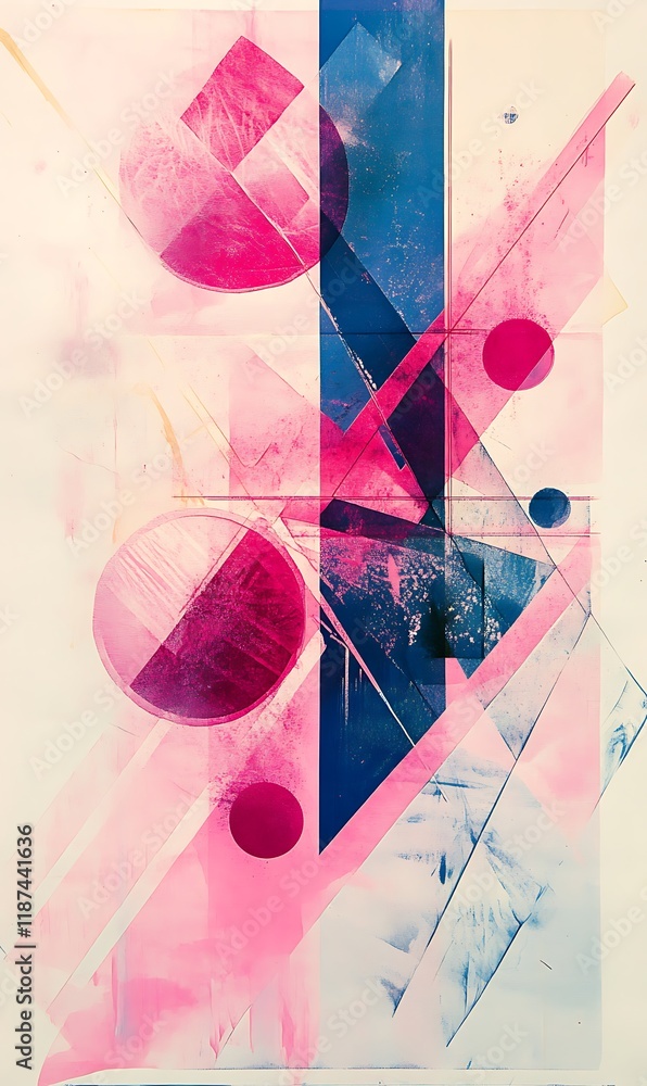Poster the backdrop features geometric shapes, floating circles in pink and blue, with sharp diagonal lines