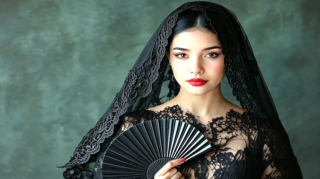 Studio portrait of a Spanish woman in a black mantilla and lace dress, holding a fan delicately, her expression exuding cultural sophistication.