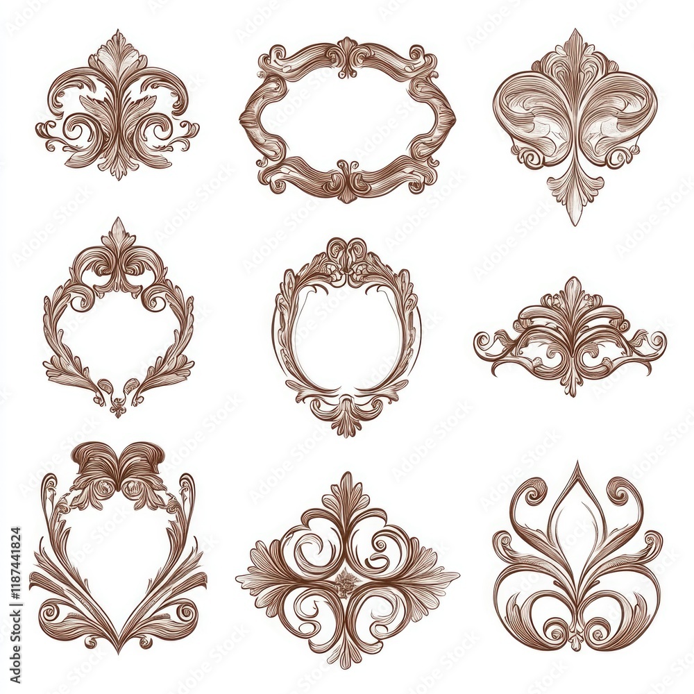 Aufkleber Decorative design elements with intricate patterns and shapes on a clean white background, ideal for use in branding materials, advertising, or design projects