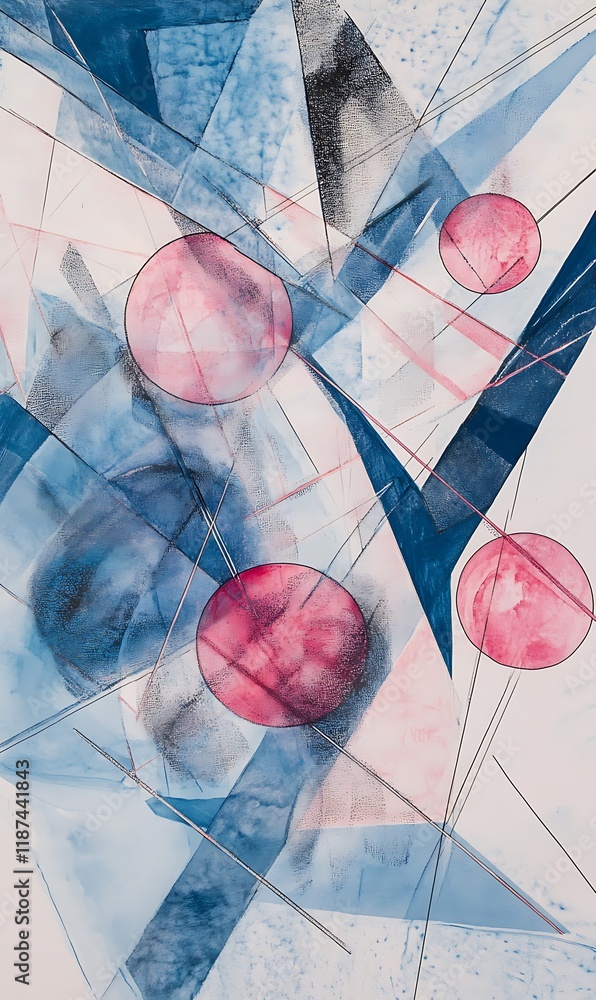 Poster geometric shapes and floating circles in shades of hot pink and blue, with sharp diagonal lines cros