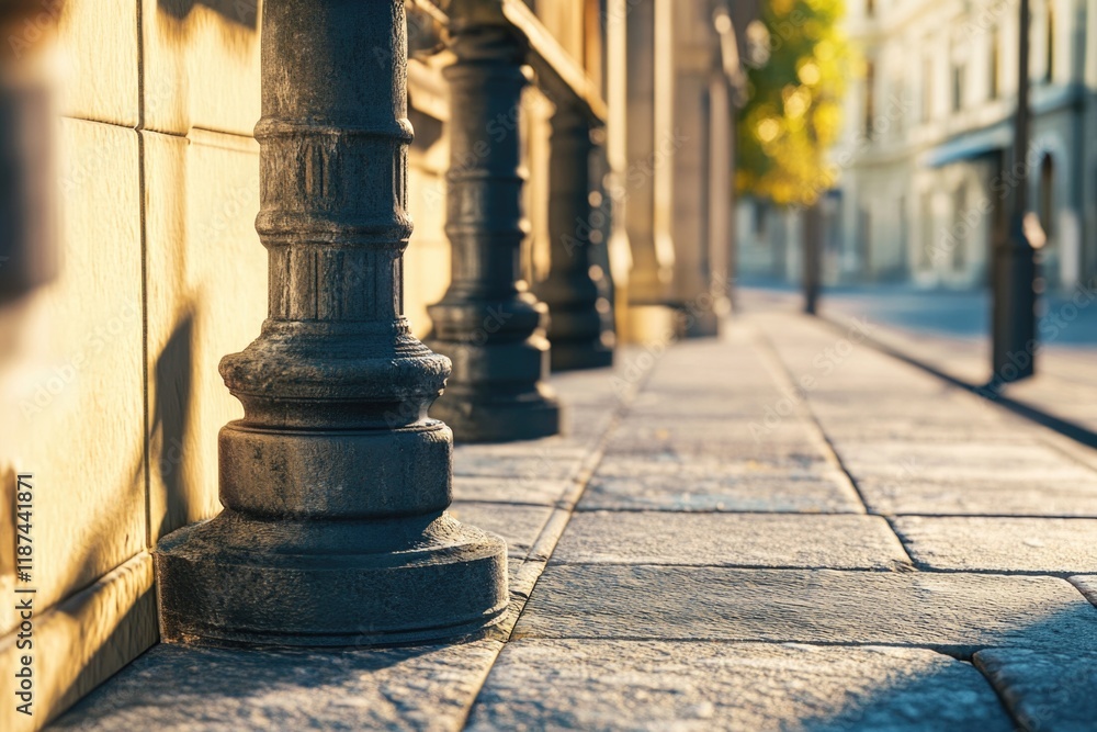 Poster a row of pillars along the sidewalk next to a building, providing support and structure