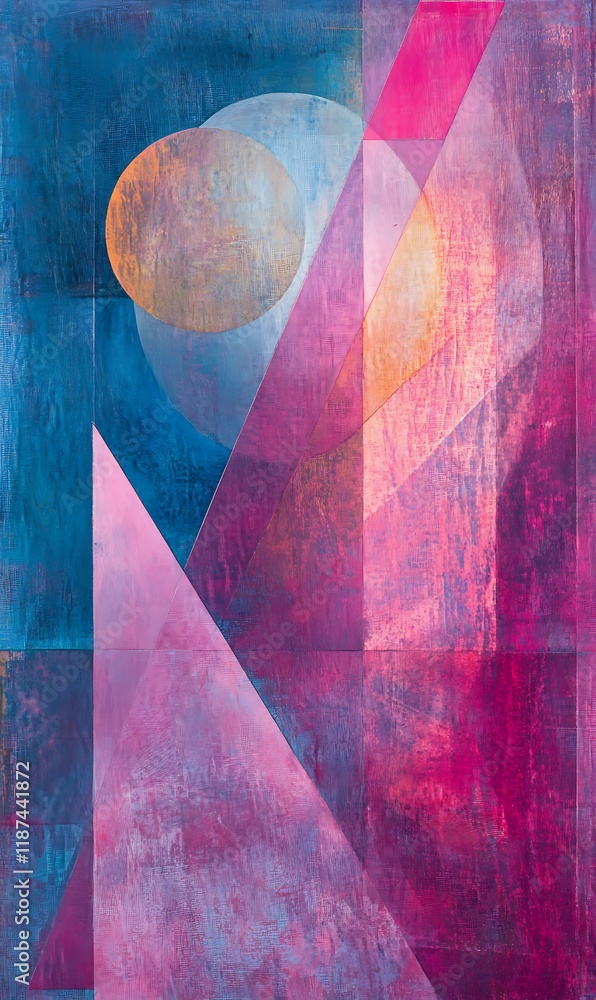 Poster geometric shapes and floating circles in shades of hot pink and blue, with sharp diagonal lines cros
