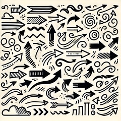 Arrow line chalk hand drawn brush vector set. Grunge square, spiral, arrow element scribble line brush hand drawn sketch design. Grunge abstract chalk, crayon