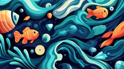  A colorful depiction of a school of fish swimming gracefully in a serene aquatic environment, surrounded by shimmering bubbles