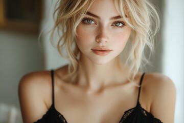Naklejka premium A woman posing in a black bra top, perfect for fashion or beauty photography