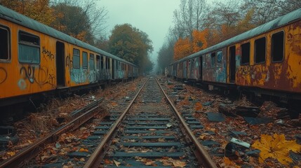 Obraz premium Abandoned graffiti-covered train cars on overgrown railway tracks in autumn.