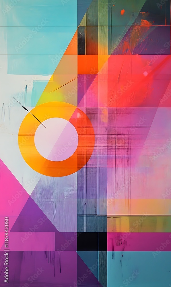 Poster a colorful backdrop filled with geometric shapes, floating circles in hot pink and blue, intersected