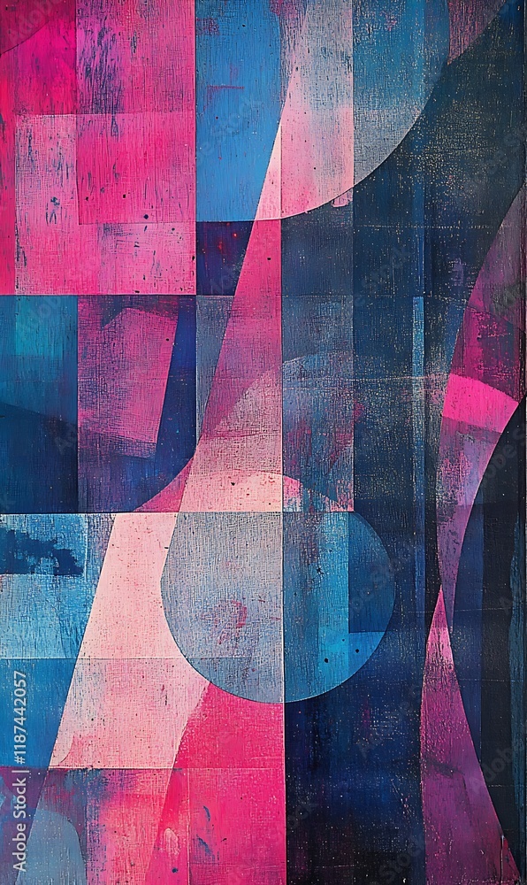 Poster floating circles and geometric shapes in pink and blue, surrounded by sharp diagonal lines and place