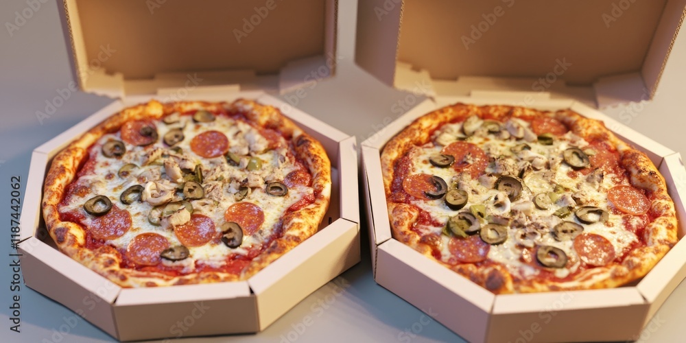 Poster two pizzas sitting in boxes on a table, ready to be served