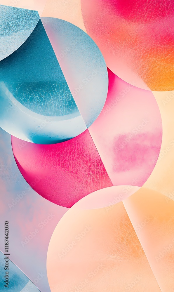 Poster floating circles and geometric shapes in pink and blue, surrounded by sharp diagonal lines and place