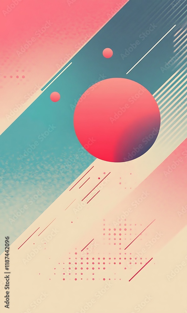 Poster floating circles and geometric shapes in pink and blue, surrounded by sharp diagonal lines and place