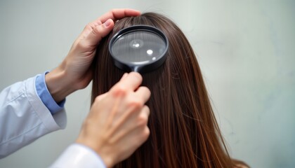 Dermatologist examines woman scalp with magnifying glass. Consultation about hair health. Possible diagnosis of hair loss scalp condition. Professional medical examination in clinic doctor office.