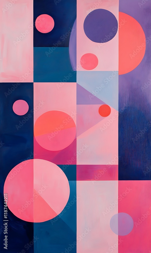 Poster a mix of geometric shapes, floating circles in pink and blue, with sharp diagonal lines crossing the
