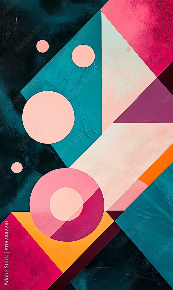 Poster a mix of geometric shapes, floating circles in pink and blue, with sharp diagonal lines crossing the