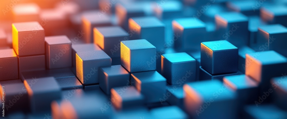 Poster abstract 3d rendering of blue and orange cubes.