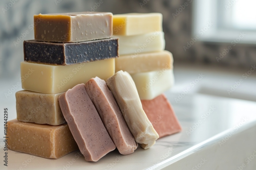 Poster a stack of soap bars sitting on a countertop