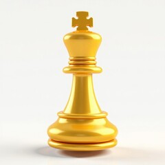 A golden chess piece with a crown on top. The piece is sitting on a white background. Concept of royalty and power, as the golden chess piece is dressed in a crown
