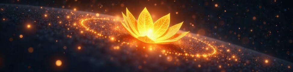 Golden Flower of Life glowing against dark space, golden ratio, illustration