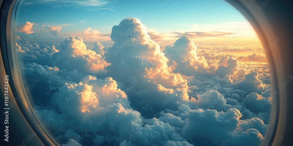 Poster clouds visible through an airplane window