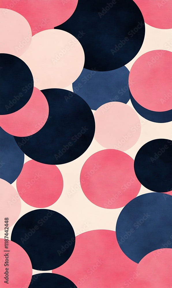 Poster sharp diagonal lines cutting through geometric shapes and floating circles in hot pink and soft blue