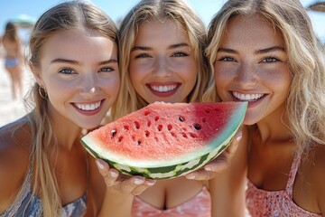 Three friends enjoying a slice of watermelon together, perfect for summer or social media posts