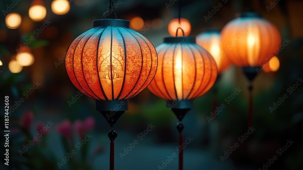 Poster a cluster of lanterns suspended from a pole, providing soft lighting in the evening