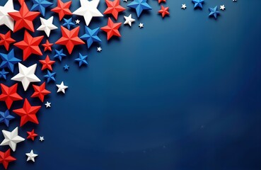 Fototapeta premium Independence Day celebration theme with numerous colorful stars on dark blue background. Decorative stars in red white, blue colors. Pattern perfect for patriotic designs, holiday decorations. Ideal