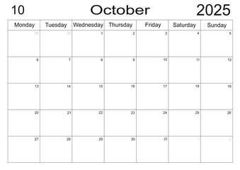 Printable October 2025 Calendar. Minimalistic month calendar. Planner calendar