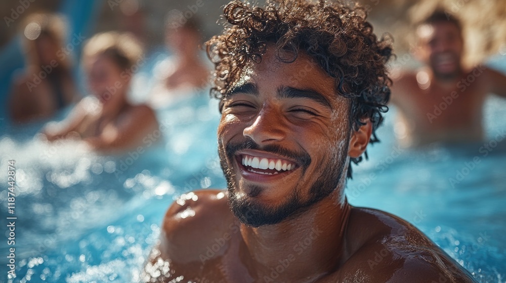 Poster a person having fun in the swimming pool with others in the background, perfect for summer vibes or 