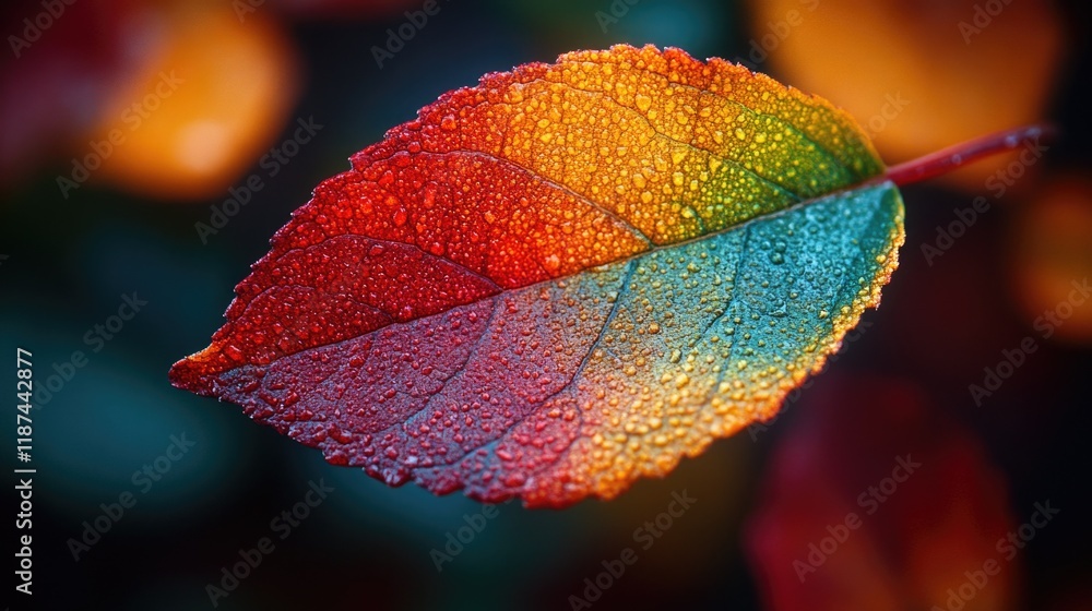 Poster close-up of a leaf with water droplets, suitable for use in nature or science illustrations