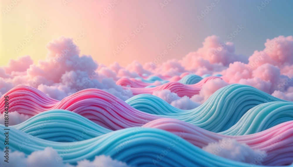 Aufkleber Surreal landscape with colorful clouds. Wavy lines create dynamic abstract flow. Pastel pink, blue colors combine with fluffy white clouds. Dreamlike, whimsical. Perfect for modern design projects.