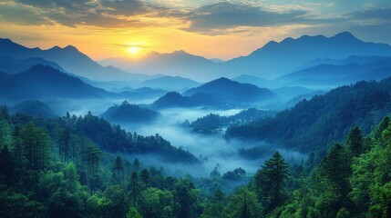 Obraz premium layers of mountain with sunlight and fog in the evening in the akha village of maejantai on the hill in chiang mai thailand