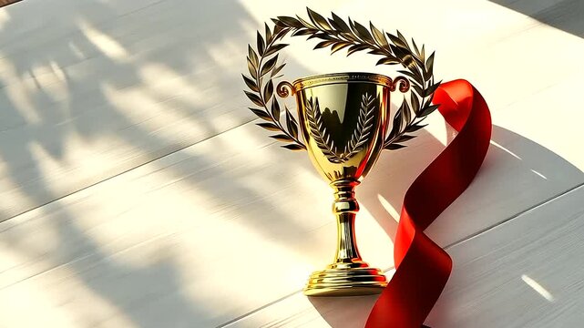 A gleaming golden champion trophy adorned with an intricate laurel wreath and a flowing red ribbon, standing elegantly on a pristine white wood background, symbolizing ultimate ach
