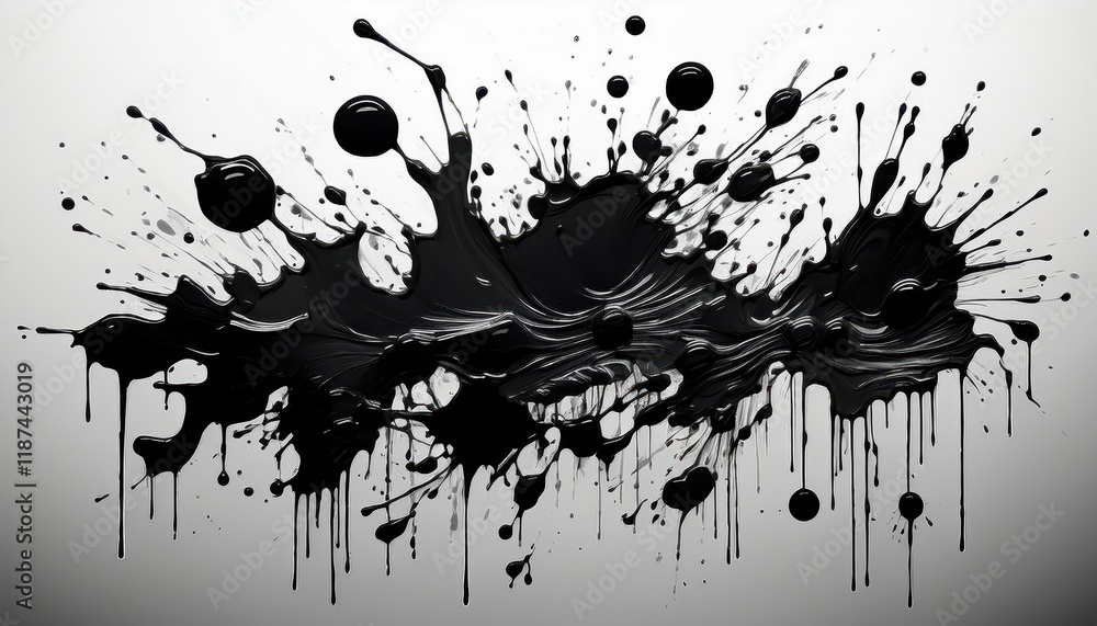 Poster dynamic ink drops and splashes a vibrant display of black and white contrast on a textured backgroun