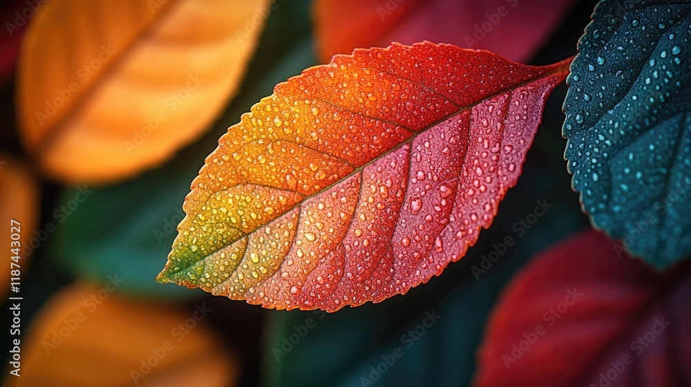 Poster A detailed view of a leaf with tiny water droplets glistening on its surface, great for use in nature-themed designs or as a texture element
