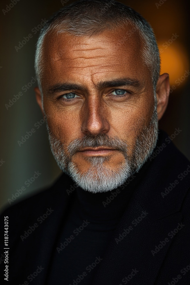 Poster a close-up shot of a man with a long beard, looking directly at the camera