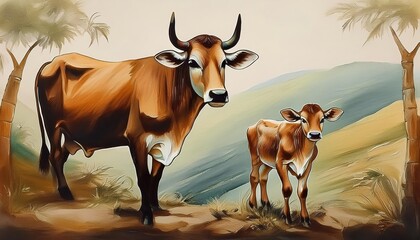 Vivid Devotional Scene of a Mother Cow and Her Calf depicted in Traditional Indian Pichwai Art, Showcasing Rich Colors, Intricate Patterns, and Spiritual Symbolism.