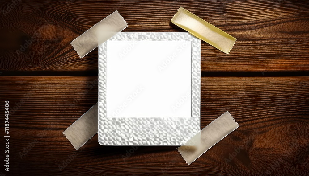 Aufkleber striking white polaroid frame with tape, showcasing an empty canvas waiting to be filled