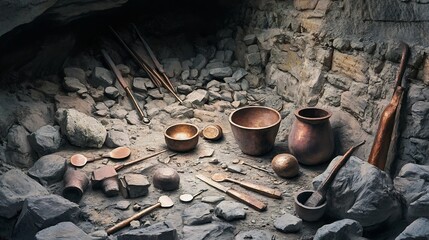 Depiction of ancient metallurgy tools bronze age relics unearthed in a historical quarry