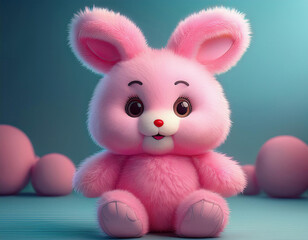 Fototapeta premium A cute pink plush bunny with big eyes and a happy expression sits surrounded by pink Easter eggs against a teal background.