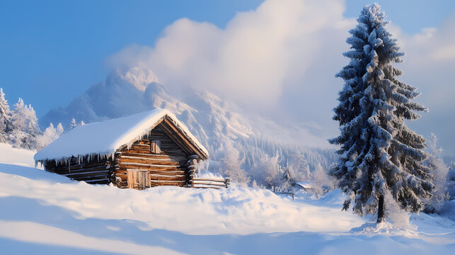 Log house and fir-tree in snow-drift mountain landscape. Stardrift. Illustration