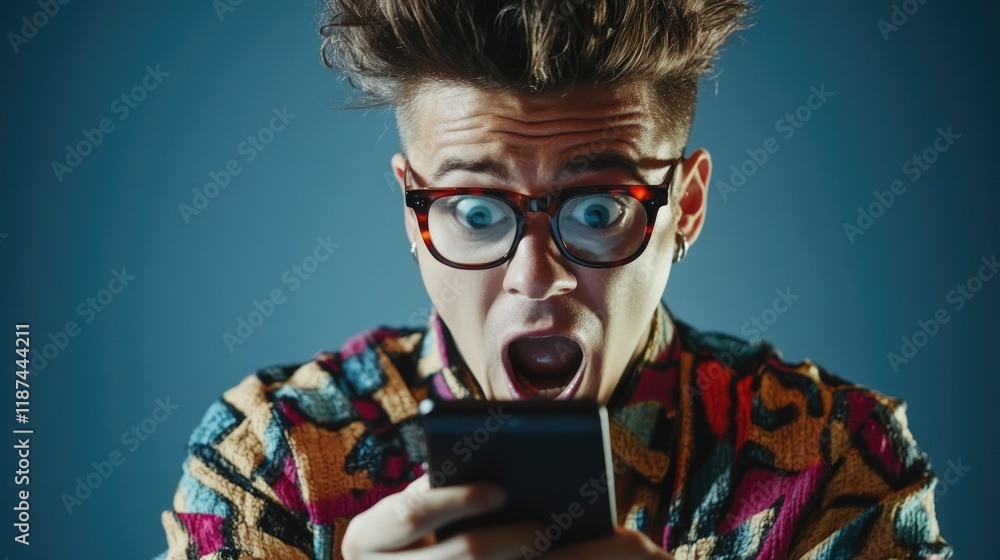 Aufkleber a person examining their mobile device with an expression of surprise and curiosity